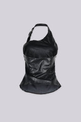 Faux leather one shoulder asymmetric halter top featuring adjustable metal buckle strap detailing