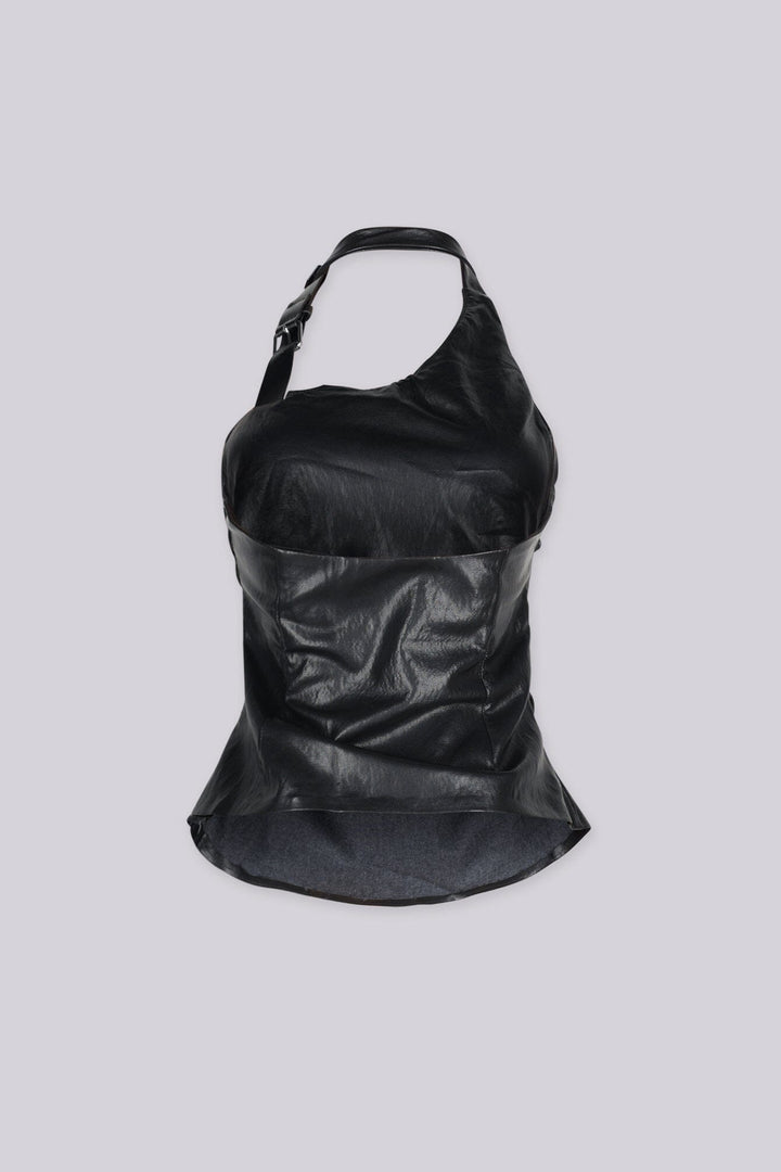 Faux leather one shoulder asymmetric halter top featuring adjustable metal buckle strap detailing
