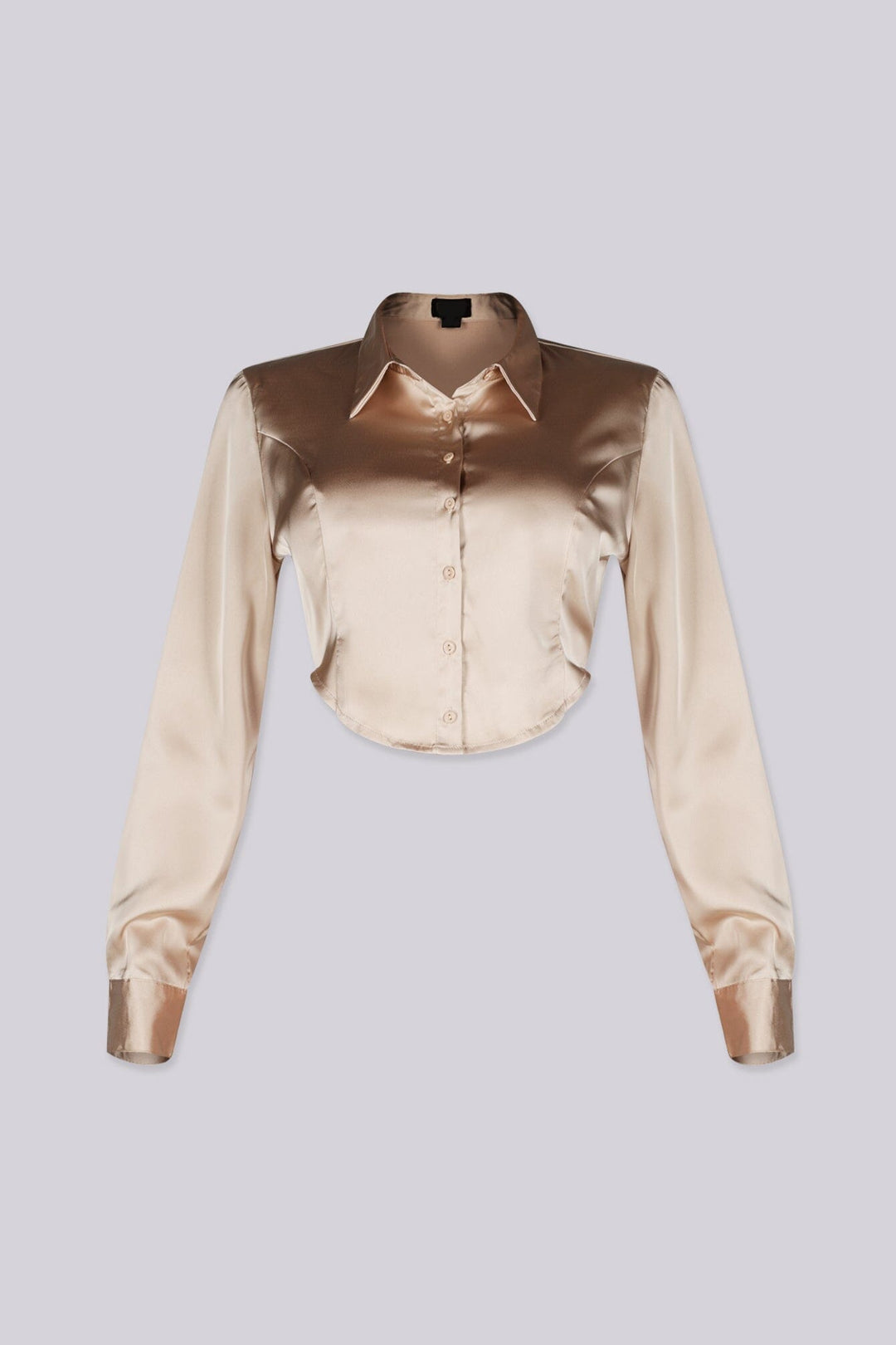 Long sleeve satin blouse featuring a collared neckline and mid rise cropped fit