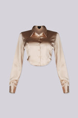 Long sleeve satin blouse featuring a collared neckline and mid rise cropped fit