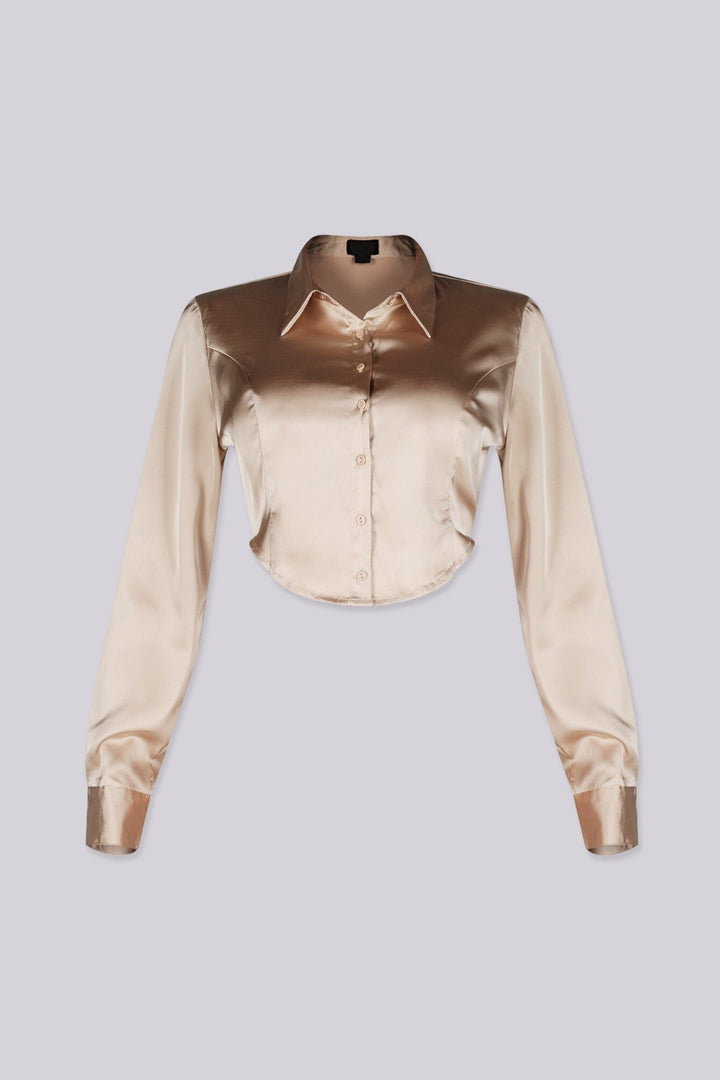 Long sleeve satin blouse featuring a collared neckline and mid rise cropped fit