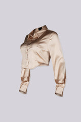Long sleeve satin blouse featuring a collared neckline and mid rise cropped fit