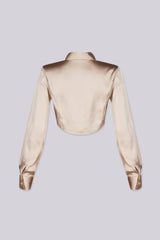 Long sleeve satin blouse featuring a collared neckline and mid rise cropped fit