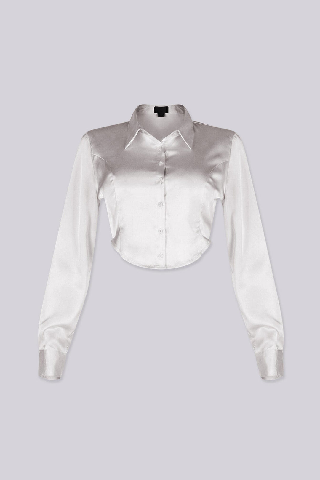 Long sleeve satin blouse featuring a collared neckline and mid rise cropped fit