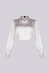 Long sleeve satin blouse featuring a collared neckline and mid rise cropped fit