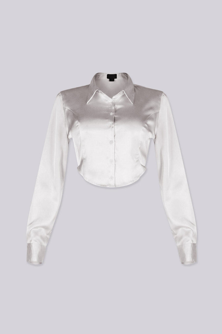 Long sleeve satin blouse featuring a collared neckline and mid rise cropped fit