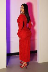 EDGE — red ruffled off-shoulder midi dress, back view on model in a doorway