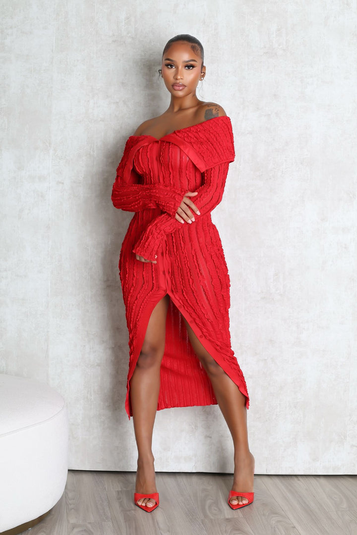 EDGE — red ruffled off-shoulder midi dress, front view on model against a plain backdrop