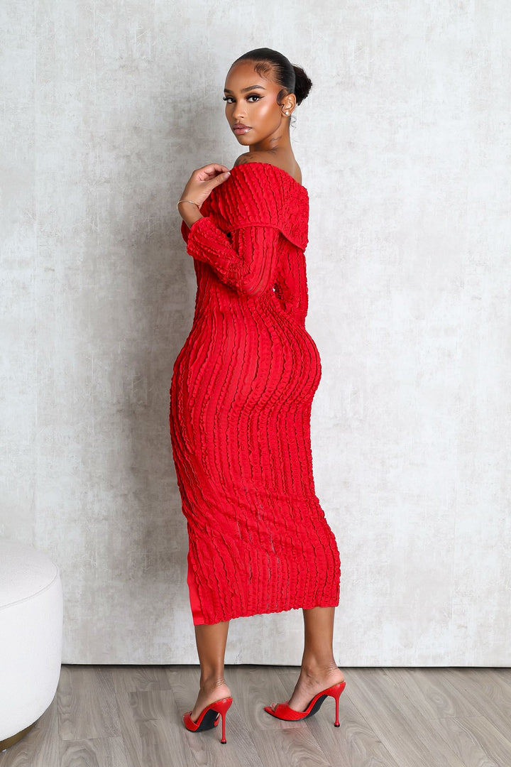 EDGE — red ruffled off-shoulder midi dress, back view on model against a plain backdrop