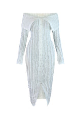 EDGE — white ruffled off-shoulder midi dress, front view flat lay