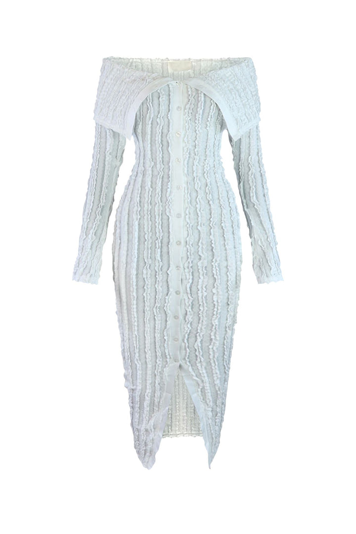 EDGE — white ruffled off-shoulder midi dress, front view flat lay