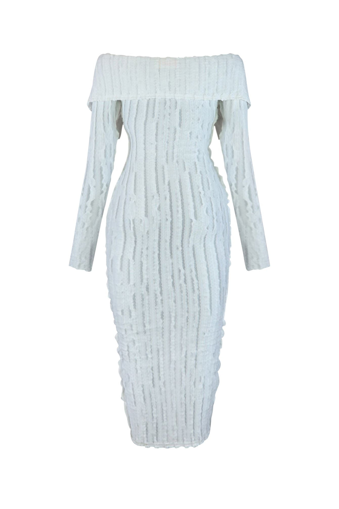 EDGE — white ruffled off-shoulder midi dress, back view flat lay