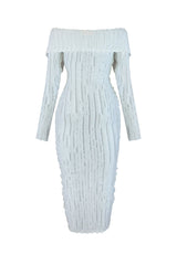EDGE — white ruffled off-shoulder midi dress, back view flat lay