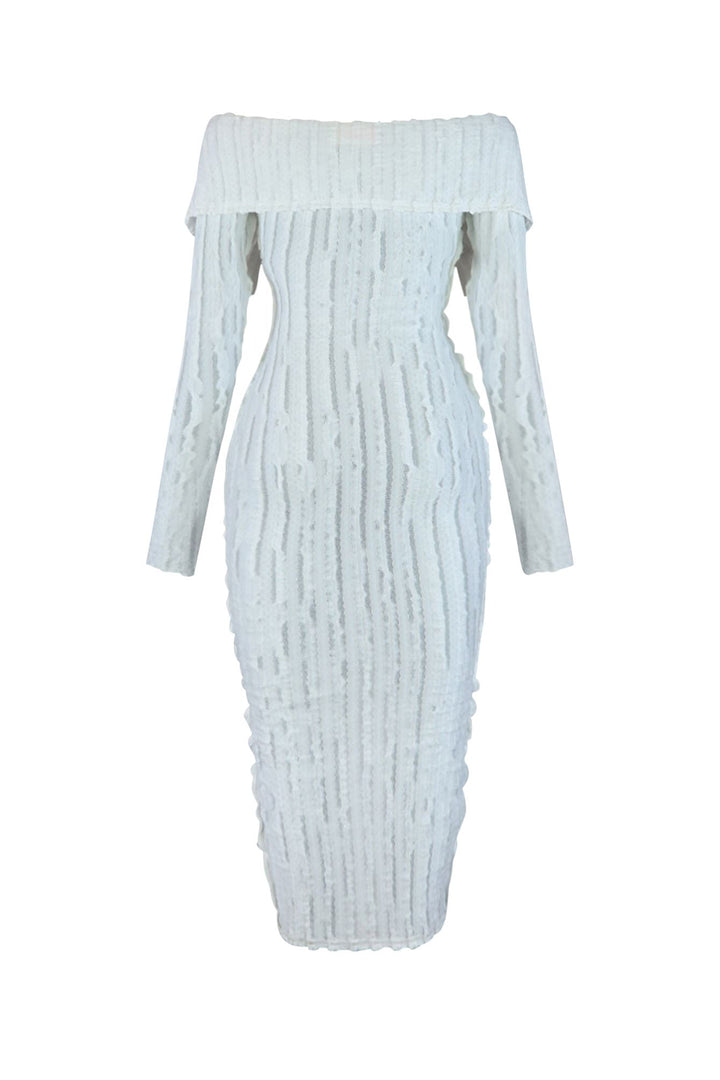 EDGE — white ruffled off-shoulder midi dress, back view flat lay