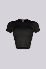 EDGEBYKS - Crew neckline seamless short sleeve crop top t shirt with ribbed hem and cuffs, black front view