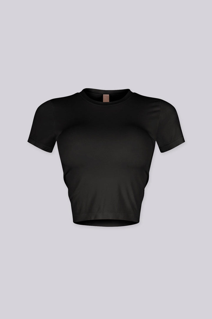 EDGEBYKS - Crew neckline seamless short sleeve crop top t shirt with ribbed hem and cuffs, black front view