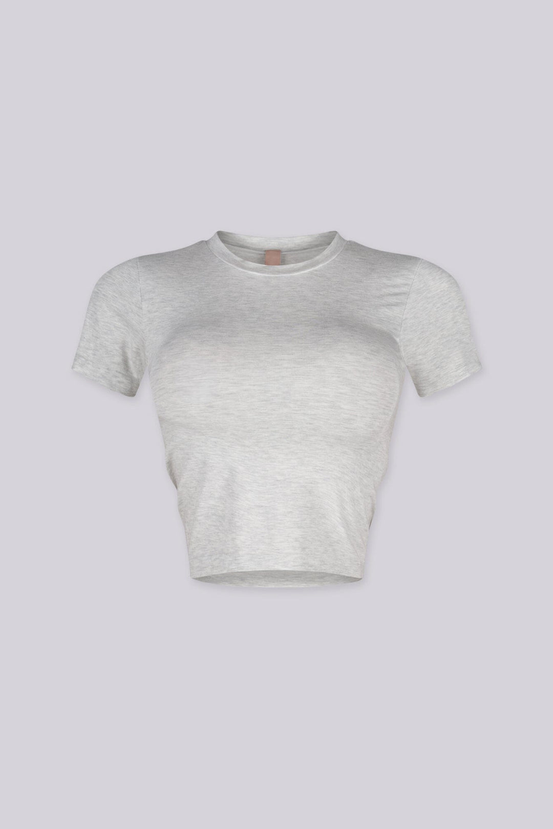 EDGEBYKS - Crew neckline seamless short sleeve crop top t shirt with ribbed hem and cuffs, gray front view