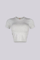 EDGEBYKS - Crew neckline seamless short sleeve crop top t shirt with ribbed hem and cuffs, gray front view