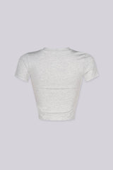 EDGEBYKS - Crew neckline seamless short sleeve crop top t shirt with ribbed hem and cuffs, gray back view