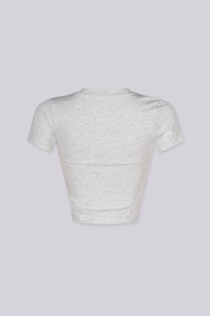EDGEBYKS - Crew neckline seamless short sleeve crop top t shirt with ribbed hem and cuffs, gray back view