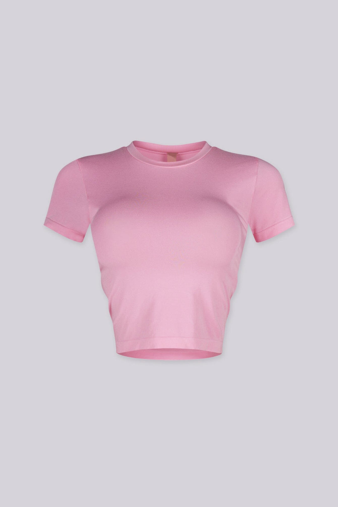 EDGEBYKS - Crew neckline seamless short sleeve crop top t shirt with ribbed hem and cuffs, pink front view