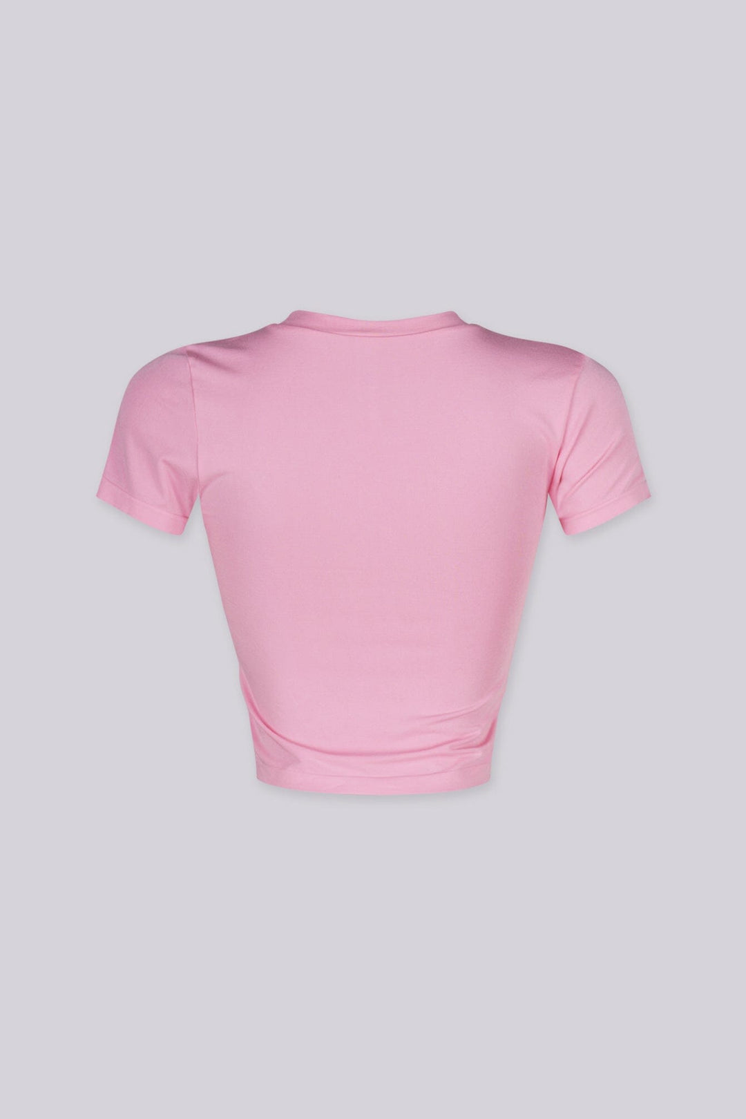 EDGEBYKS - Crew neckline seamless short sleeve crop top t shirt with ribbed hem and cuffs, pink back view