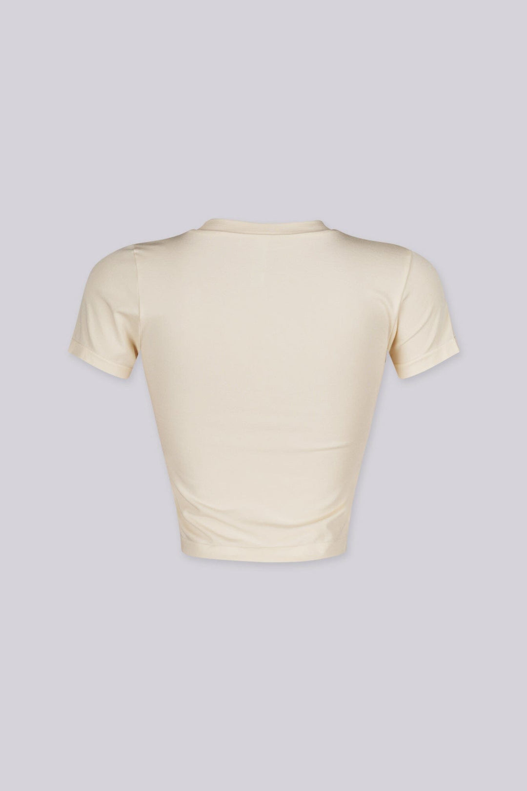 EDGEBYKS - Crew neckline seamless short sleeve crop top t shirt with ribbed hem and cuffs, vanilla back view