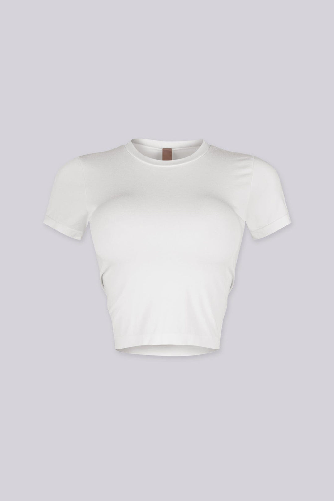 EDGEBYKS - Crew neckline seamless short sleeve crop top t shirt with ribbed hem and cuffs, white front view