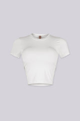 EDGEBYKS - Crew neckline seamless short sleeve crop top t shirt with ribbed hem and cuffs, white front view
