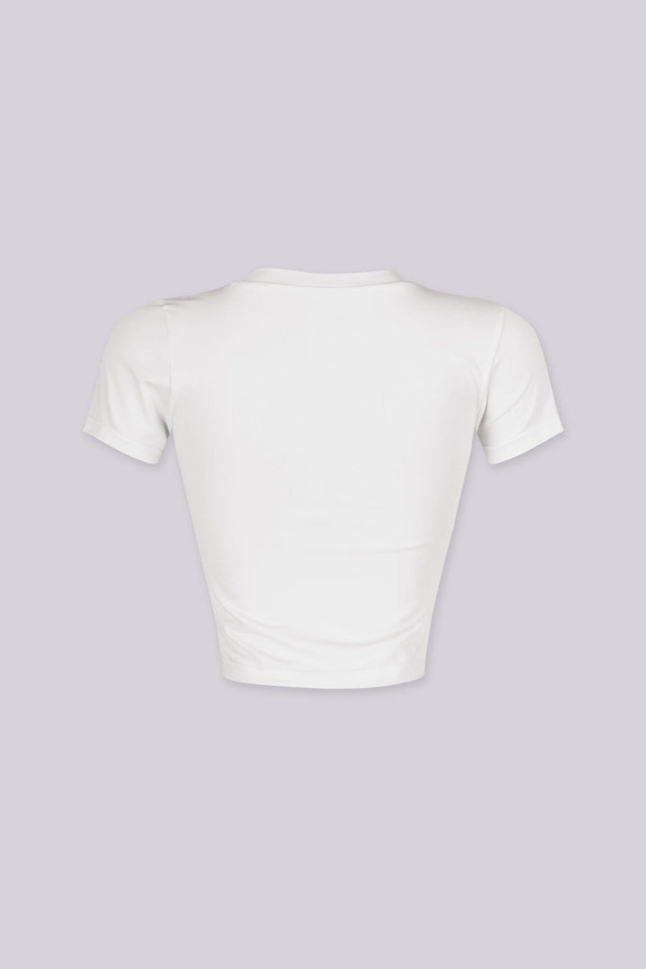 EDGEBYKS - Crew neckline seamless short sleeve crop top t shirt with ribbed hem and cuffs, white back view