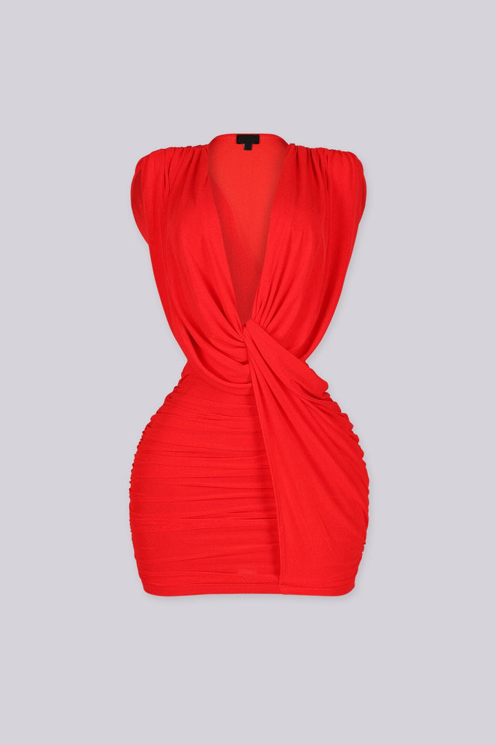 Deep V draped mesh neckline with softly gathered center
Ruched mesh midi silhouette that contours the body