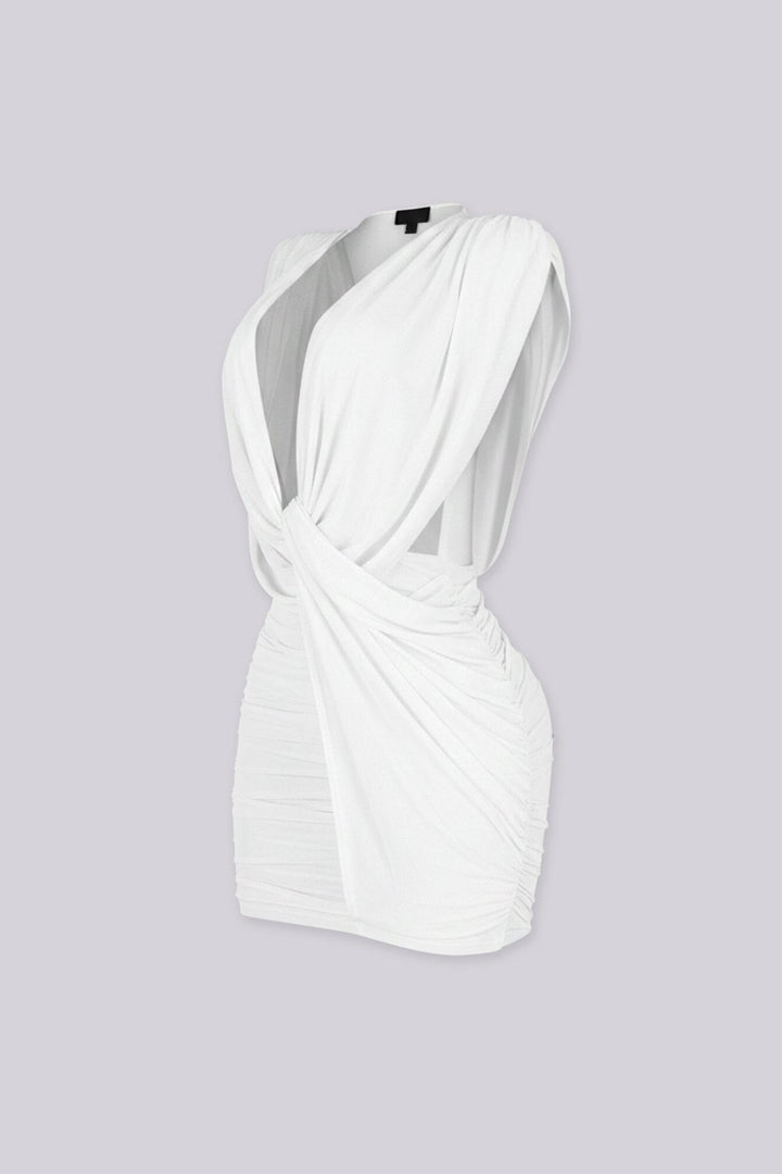 Deep V draped mesh neckline with softly gathered center
Ruched mesh midi silhouette that contours the body
