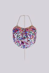 Multicolour iridescent paillette scale sequin crop top, Delicate gold chain halter neck strap