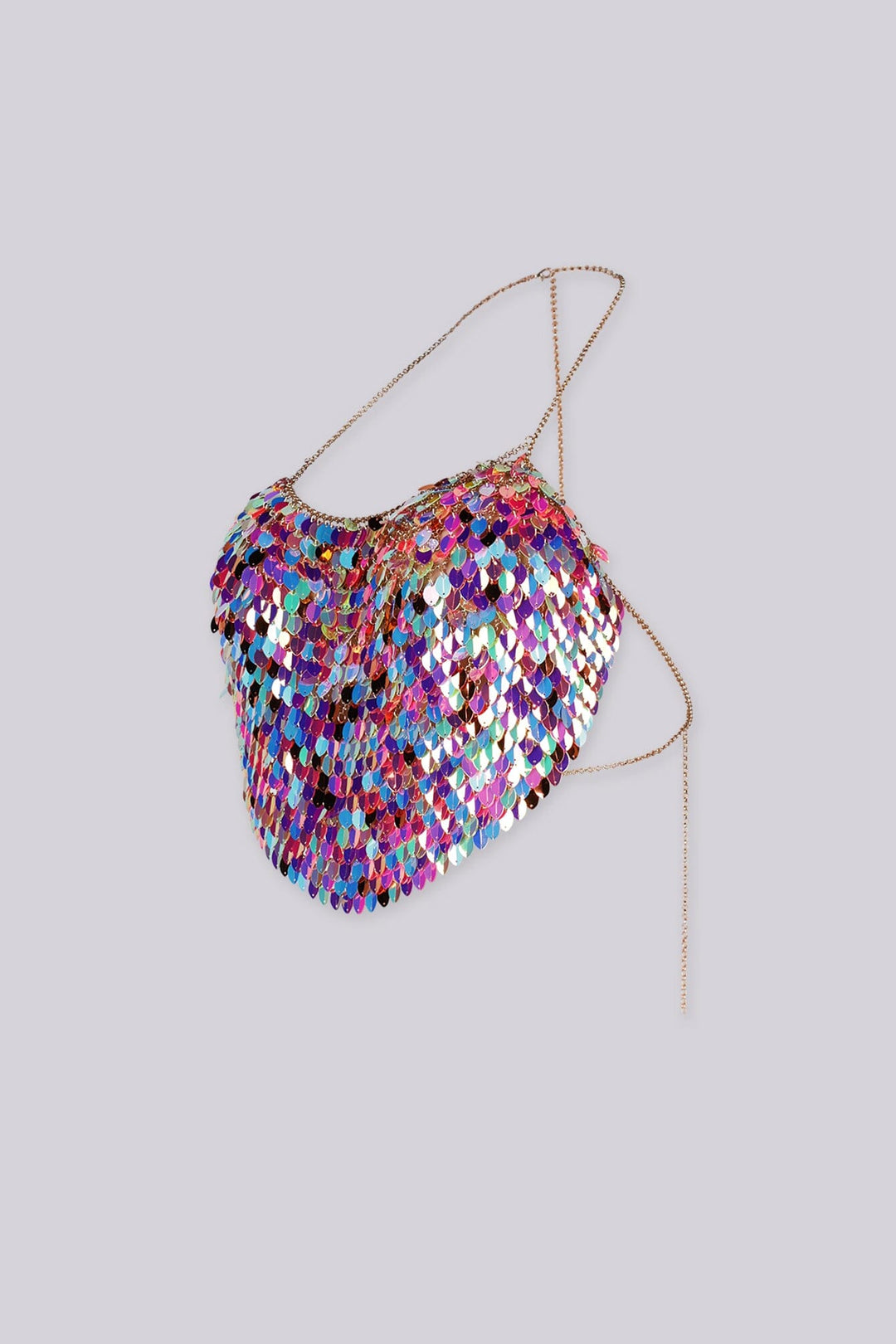 Multicolour iridescent paillette scale sequin crop top, Delicate gold chain halter neck strap