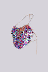 Multicolour iridescent paillette scale sequin crop top, Delicate gold chain halter neck strap