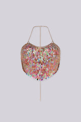 Multicolour iridescent paillette scale sequin crop top, Delicate gold chain halter neck strap