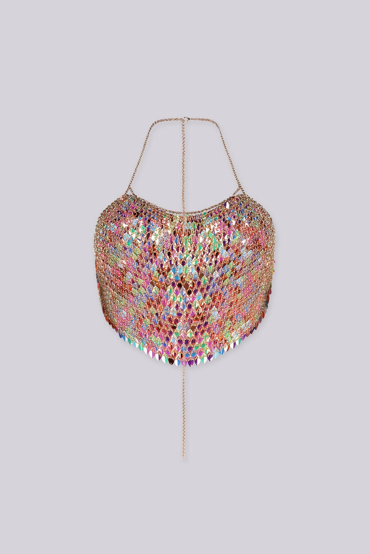 Multicolour iridescent paillette scale sequin crop top, Delicate gold chain halter neck strap