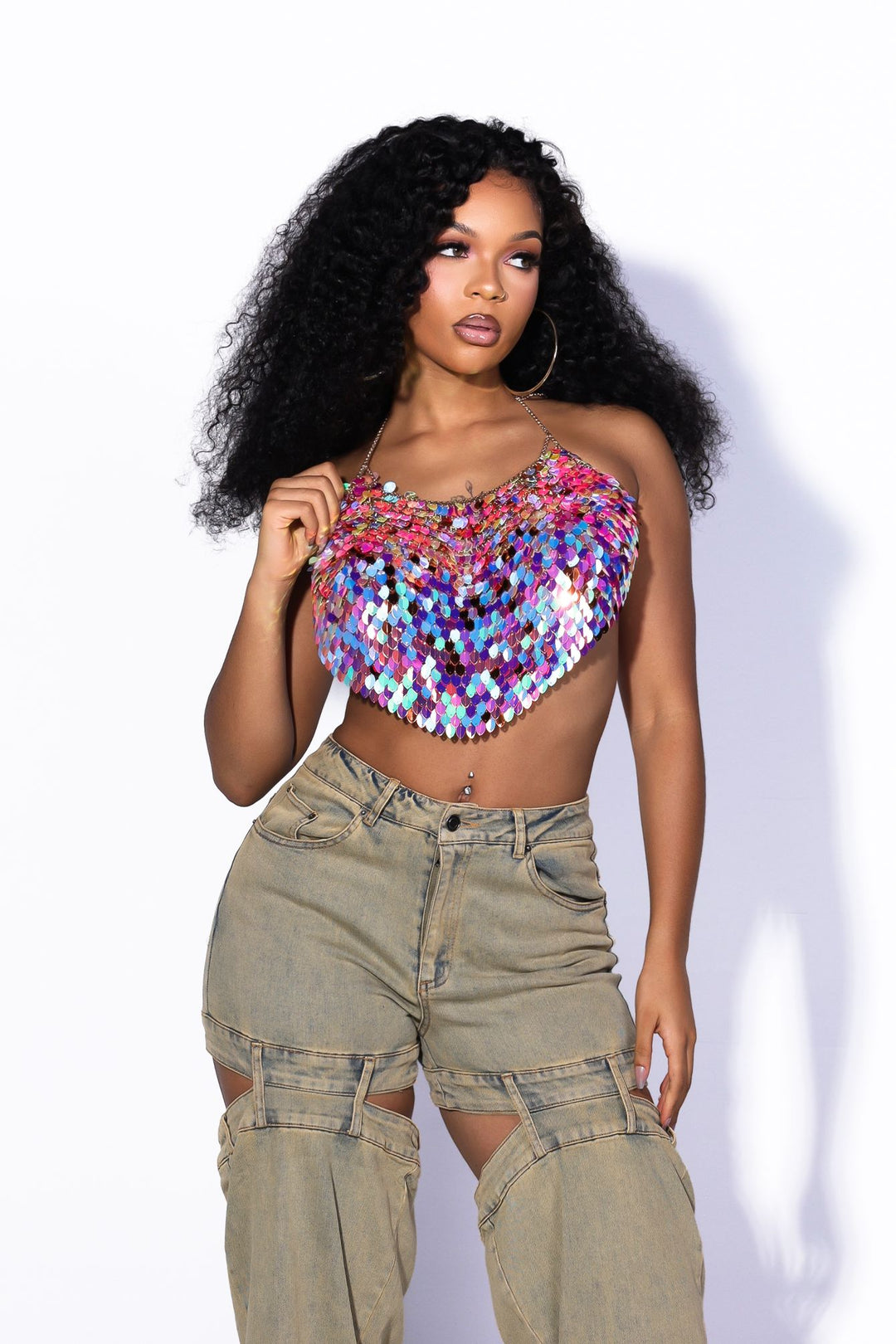 Multicolour iridescent paillette scale sequin crop top, Delicate gold chain halter neck strap
