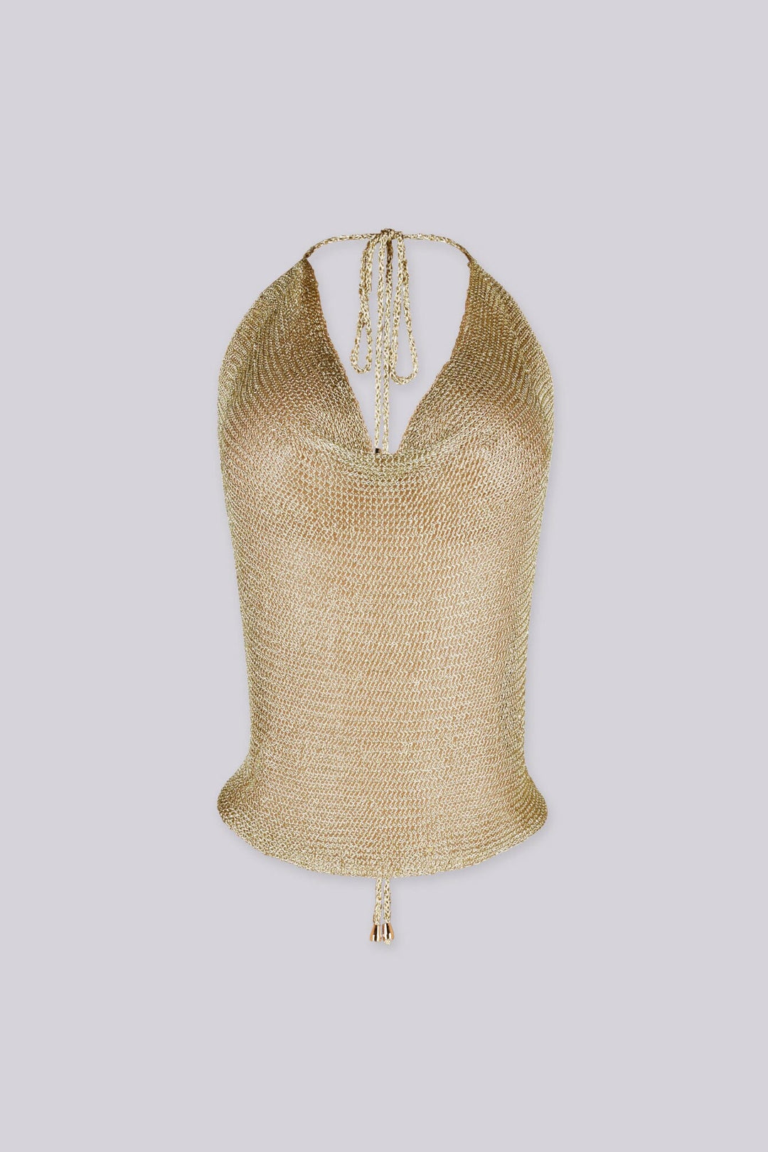 Metallic knit halter neckline crop top with a deep plunging V front, Adjustable tie closure fastens at the nape of the neck