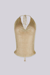 Metallic knit halter neckline crop top with a deep plunging V front, Adjustable tie closure fastens at the nape of the neck