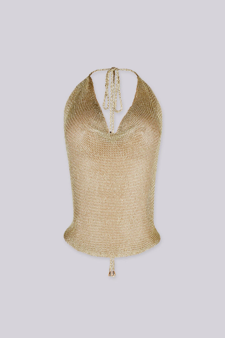 Metallic knit halter neckline crop top with a deep plunging V front, Adjustable tie closure fastens at the nape of the neck