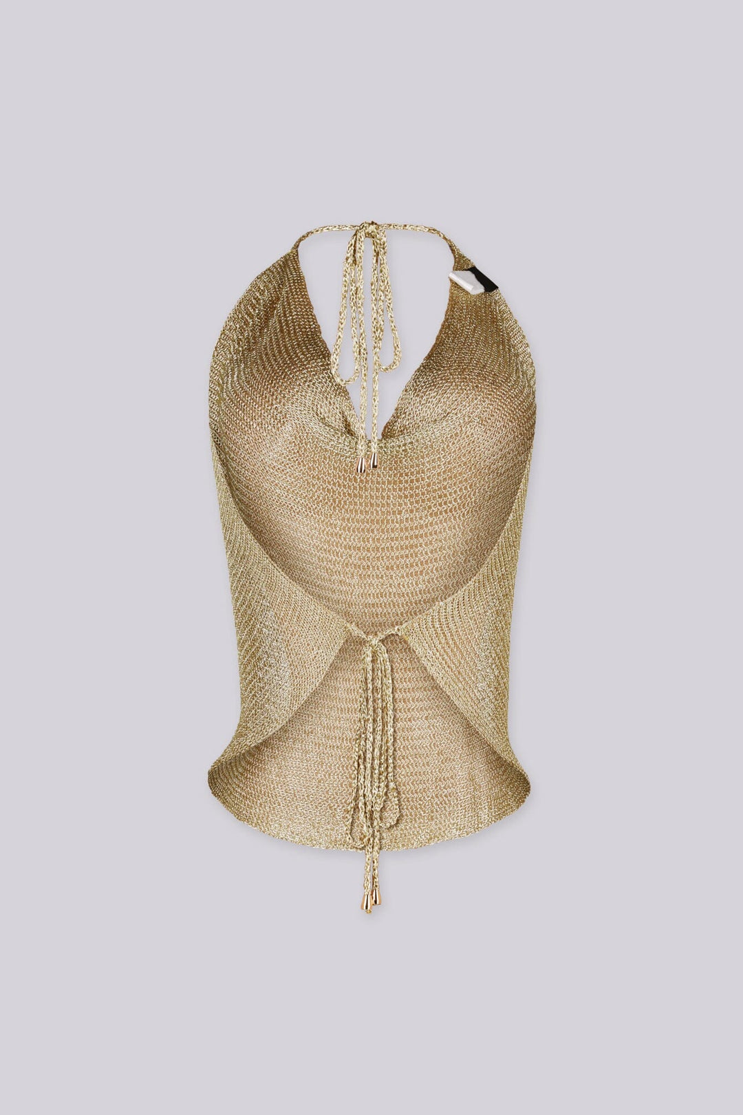 Metallic knit halter neckline crop top with a deep plunging V front, Adjustable tie closure fastens at the nape of the neck