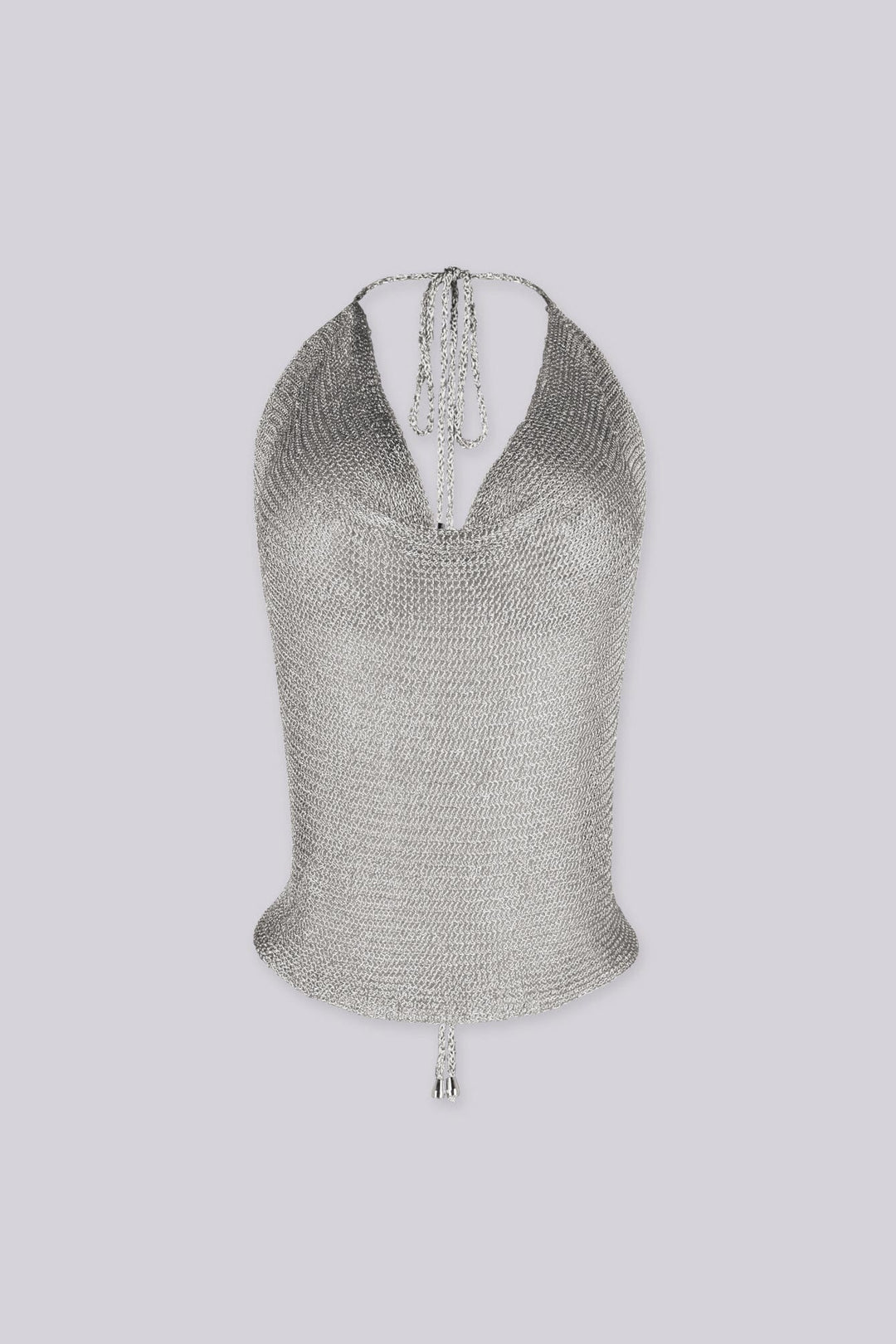 Metallic knit halter neckline crop top with a deep plunging V front, Adjustable tie closure fastens at the nape of the neck