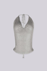 Metallic knit halter neckline crop top with a deep plunging V front, Adjustable tie closure fastens at the nape of the neck