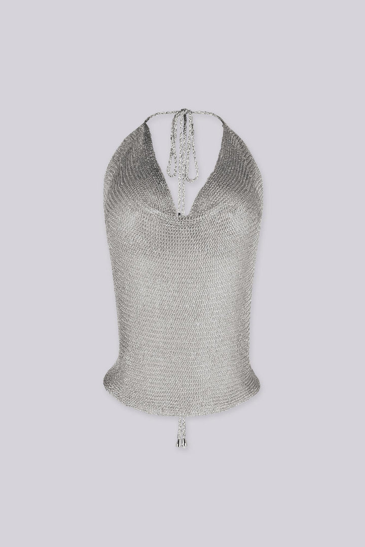 Metallic knit halter neckline crop top with a deep plunging V front, Adjustable tie closure fastens at the nape of the neck