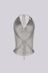 Metallic knit halter neckline crop top with a deep plunging V front, Adjustable tie closure fastens at the nape of the neck