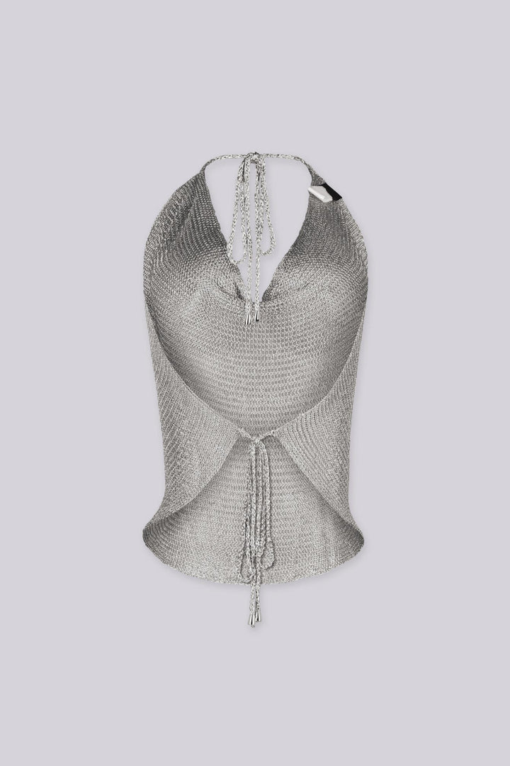 Metallic knit halter neckline crop top with a deep plunging V front, Adjustable tie closure fastens at the nape of the neck