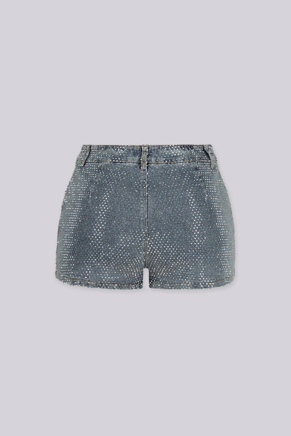 High rise denim shorts covered edge to edge in sparkling rhinestone studs, back view