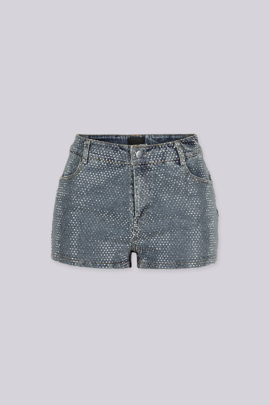 High rise denim shorts covered edge to edge in sparkling rhinestone studs, front view