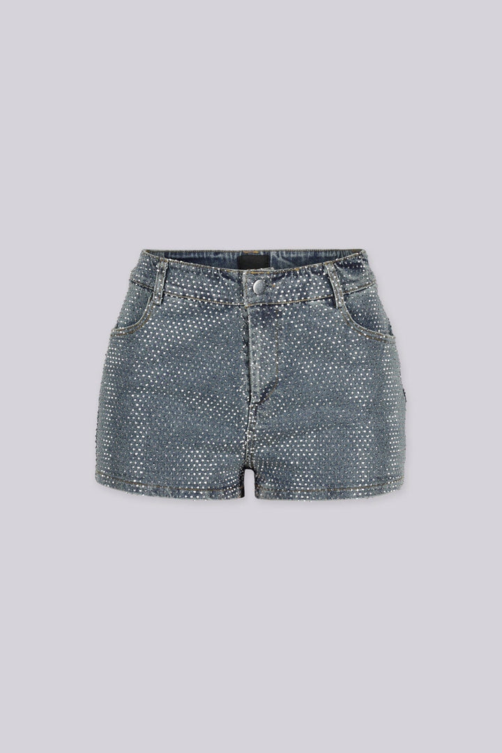 High rise denim shorts covered edge to edge in sparkling rhinestone studs, front view